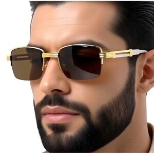 Gold Frame Sunglasses Brown Lens Rectangle Fashion Hip Hop Style Retro 80's 90's